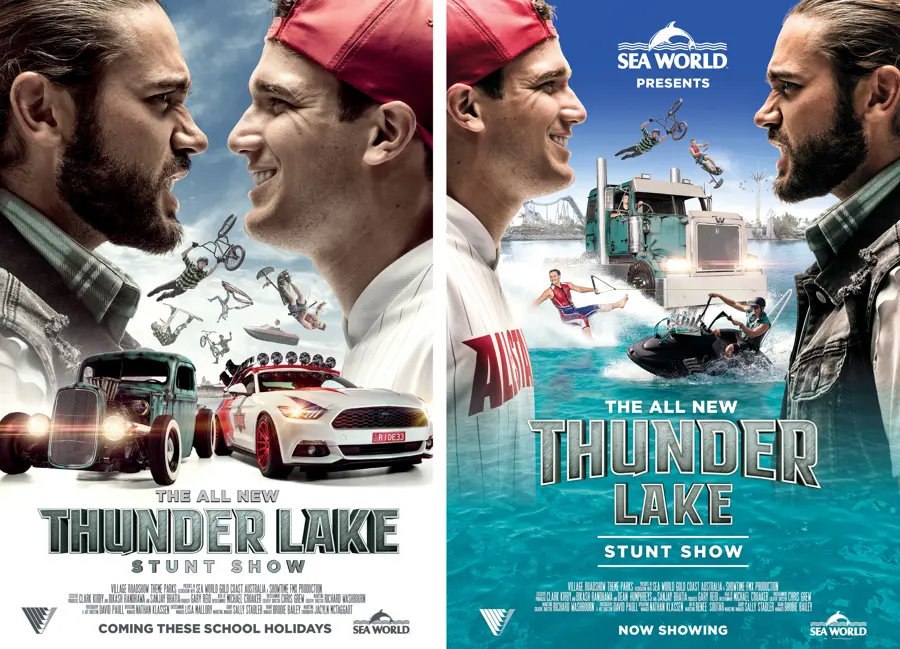Two Thunder Lake Stunt Show posters with rival drivers face to face