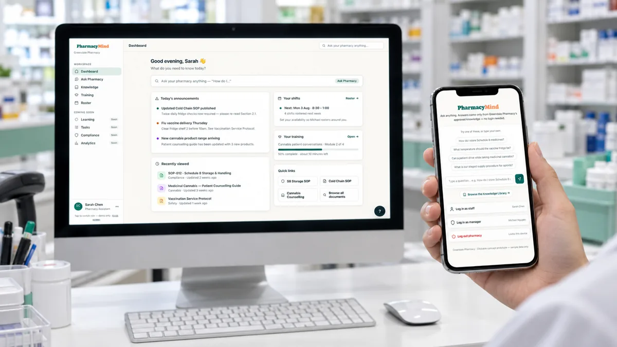 A clickable PharmacyMind prototype on a desktop dashboard and a phone in a pharmacy
