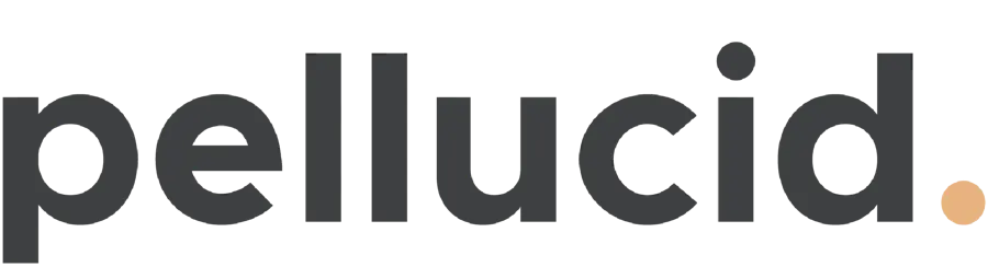 The new Pellucid logo in soft grey lowercase with a small orange full stop