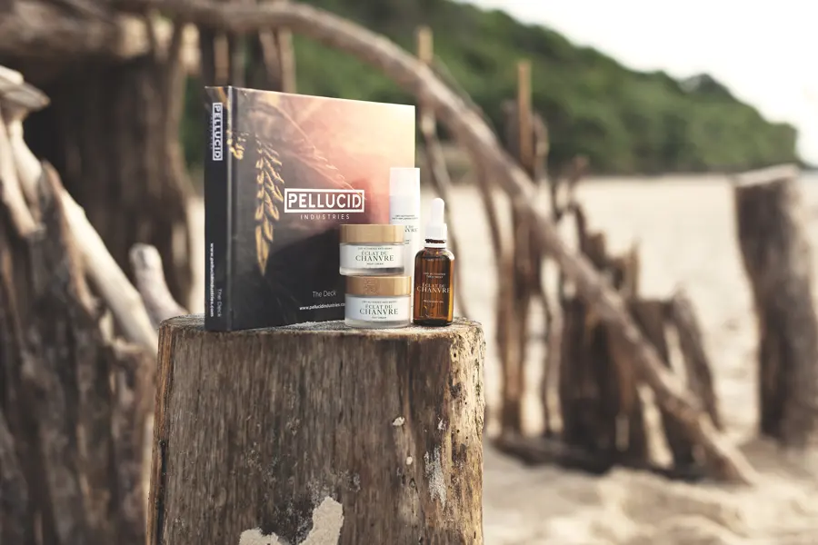 Pellucid skincare range displayed on a driftwood stump on the beach