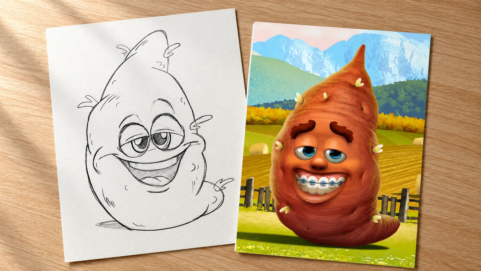A sweet potato character as a pencil sketch beside the finished render with braces, on a farm