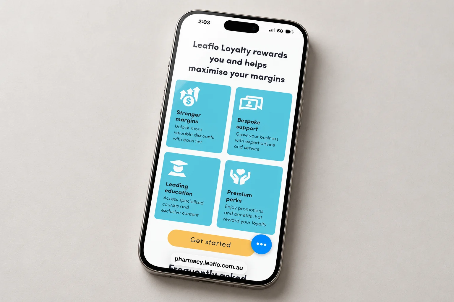 Leafio Loyalty microsite on a phone: four benefit tiles and a get started button