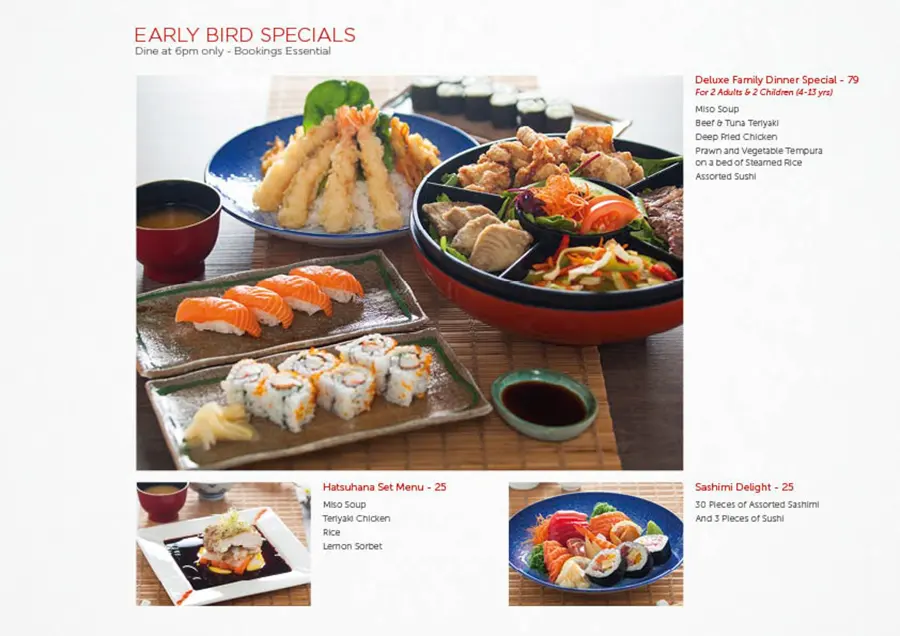An open Hatsuhana menu spread with sushi and tempura photography