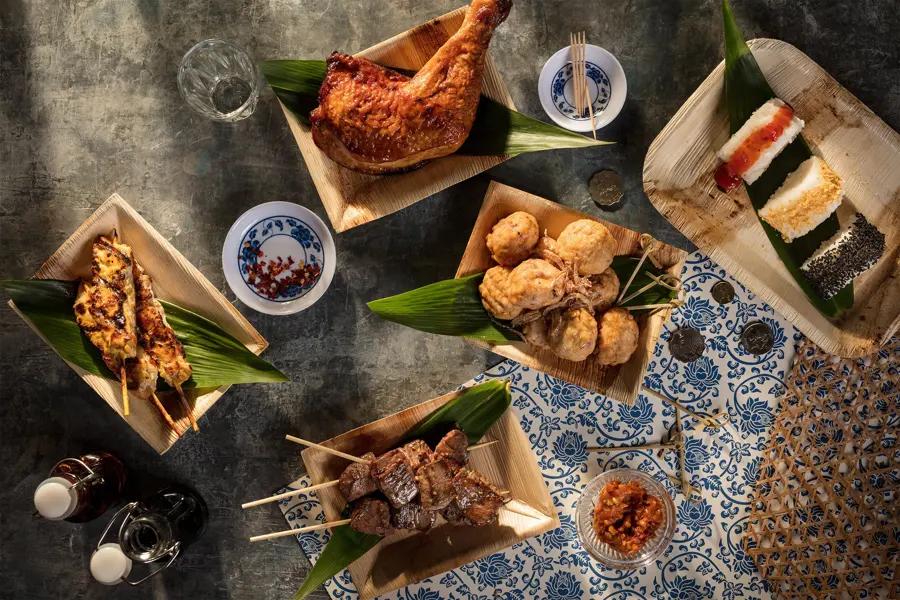 An overhead spread of Asian street food