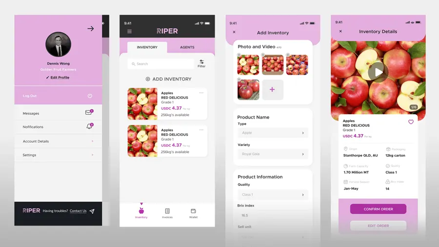 Three Riper app screens showing a farmer profile, an inventory list and a product page for red apples