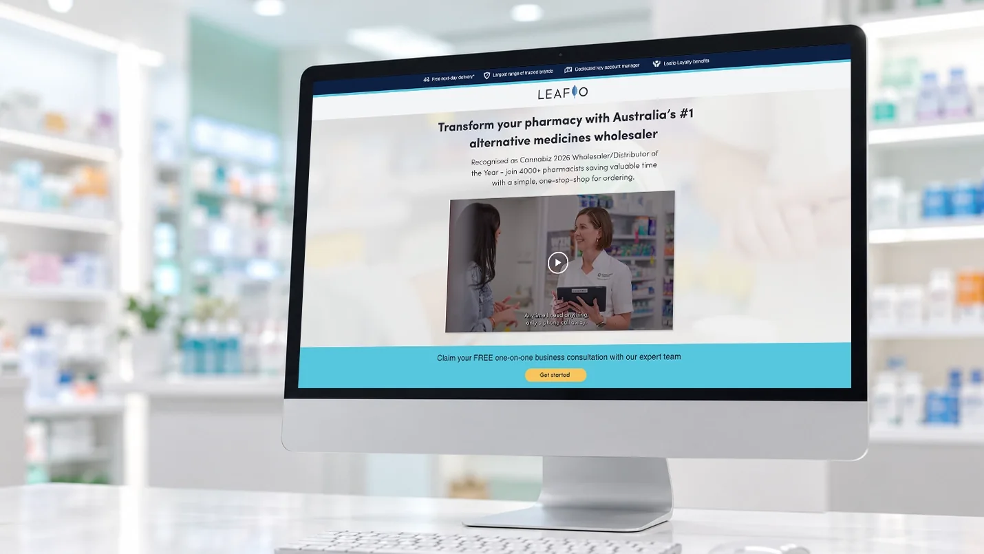 Leafio wholesale website shown on a desktop screen in a pharmacy