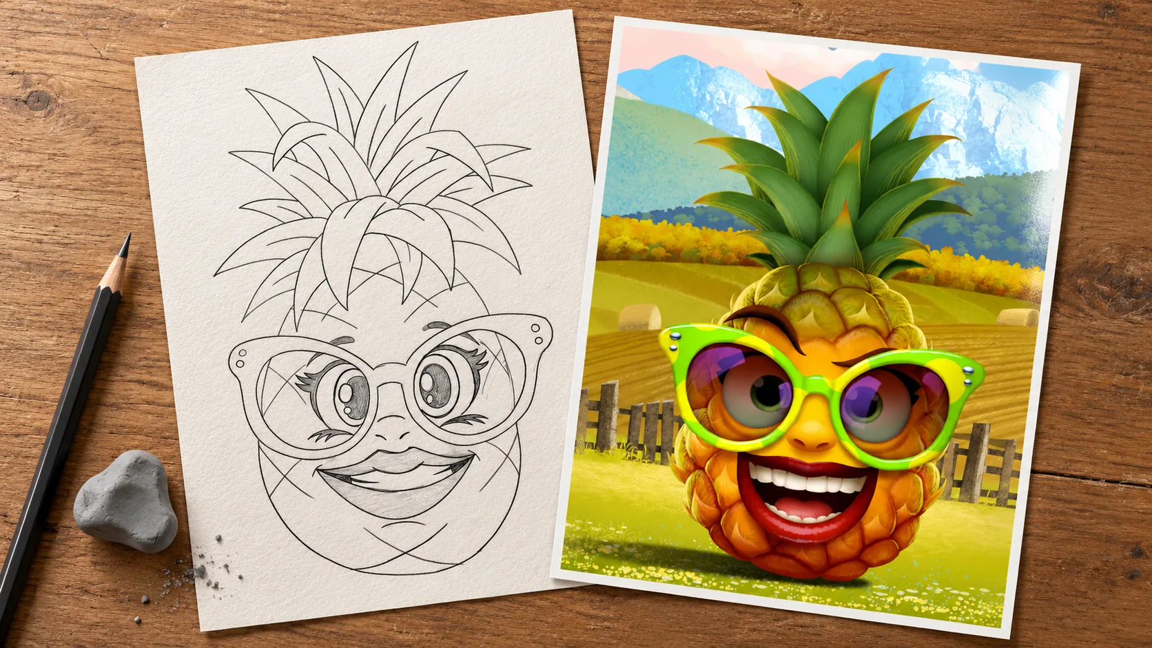 A pineapple character as a pencil sketch beside the finished render with bright green glasses, on a farm