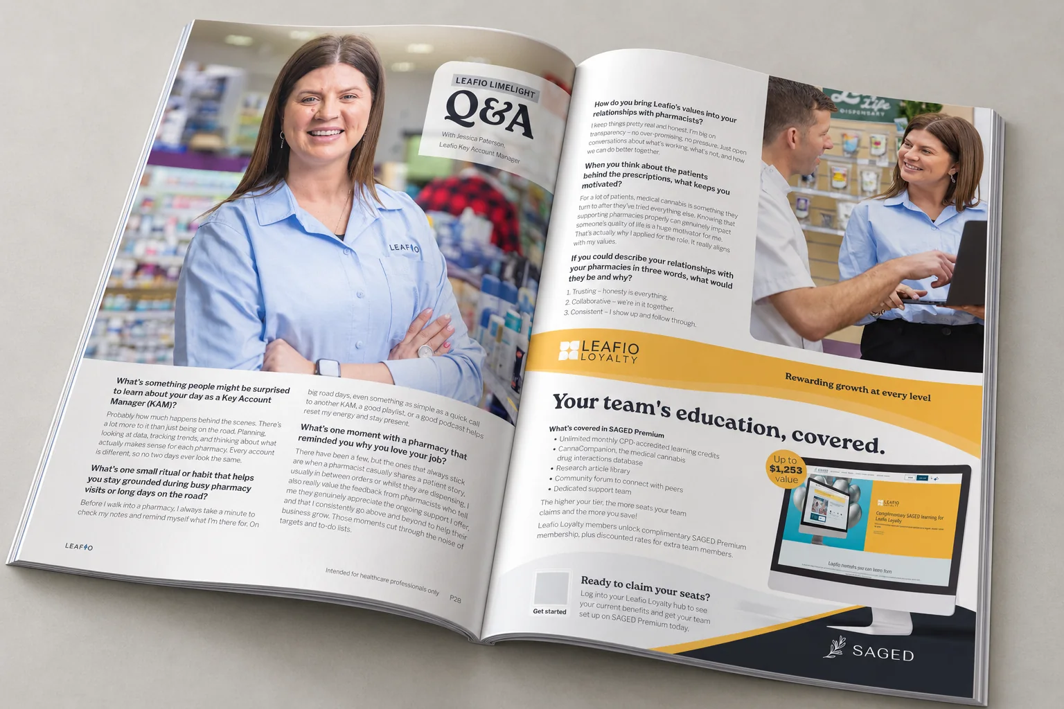 Leafio publication spread: a Q and A with a key account manager beside a Leafio Loyalty education feature