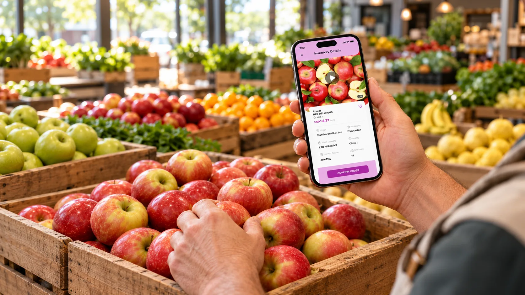 The Riper app in a hand at a produce market, showing an apple listing with origin, grade and harvest details