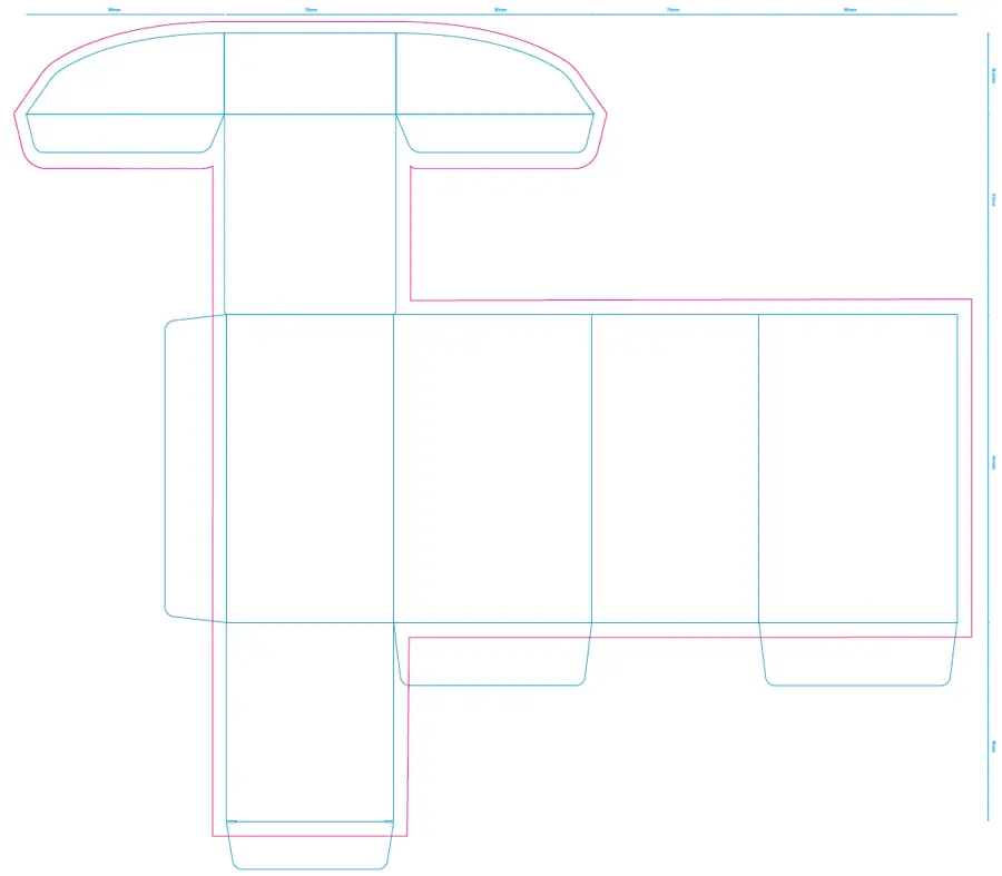 The flat dieline drawing for the box