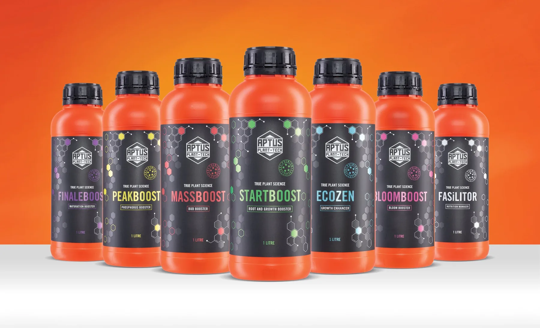 Aptus Plant-Tech range: seven orange nutrient bottles with colour-coded labels