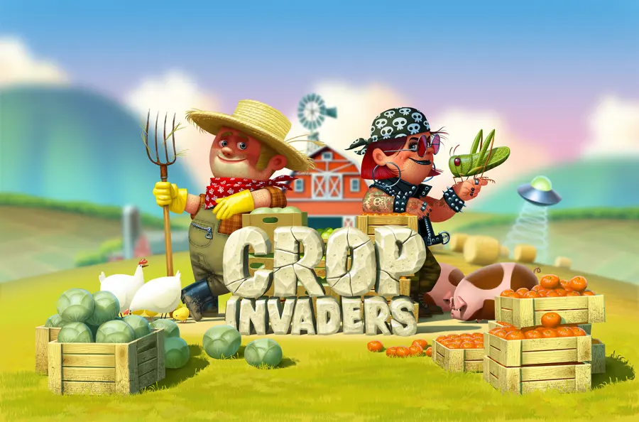 Two cartoon farmers with a pitchfork and vegetables in front of a barn, with a small flying saucer overhead