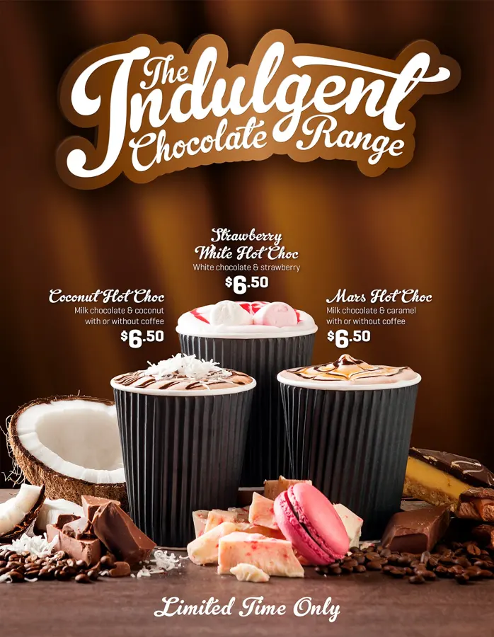 The Indulgent Chocolate Range poster with three hot chocolates