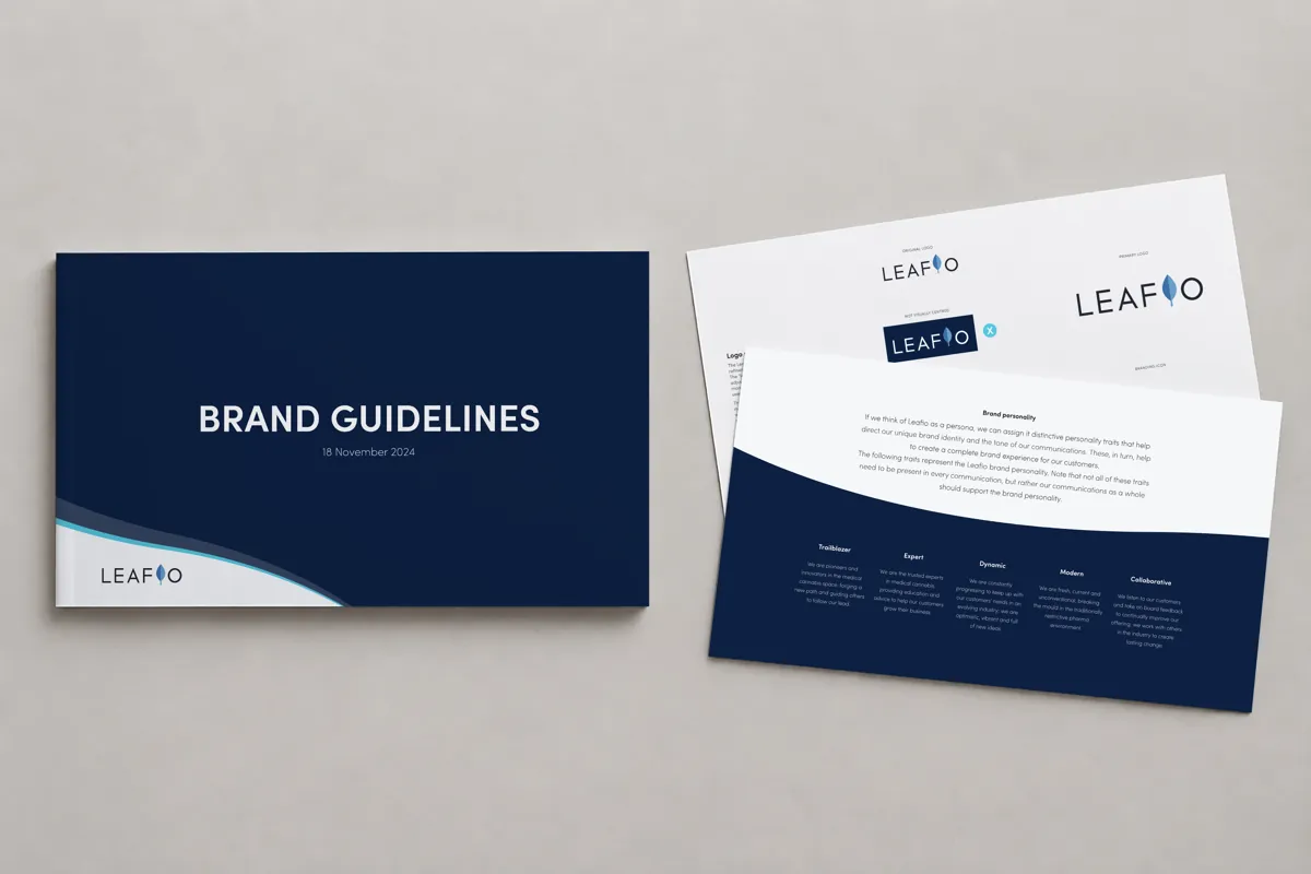 Leafio brand guidelines: the cover beside two spreads