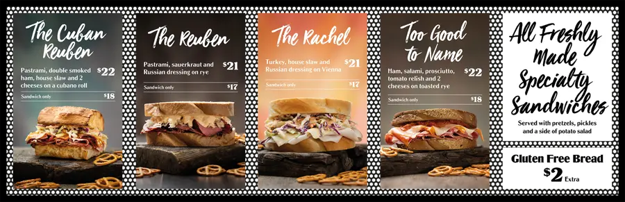 A long digital menu board showing five sandwiches with names and descriptions