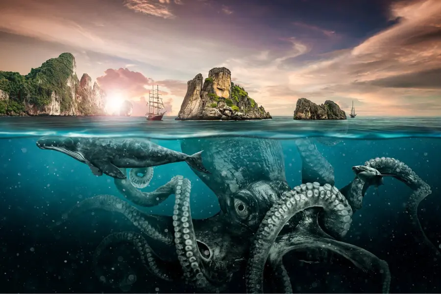 A giant octopus beneath a tropical island, composite key art