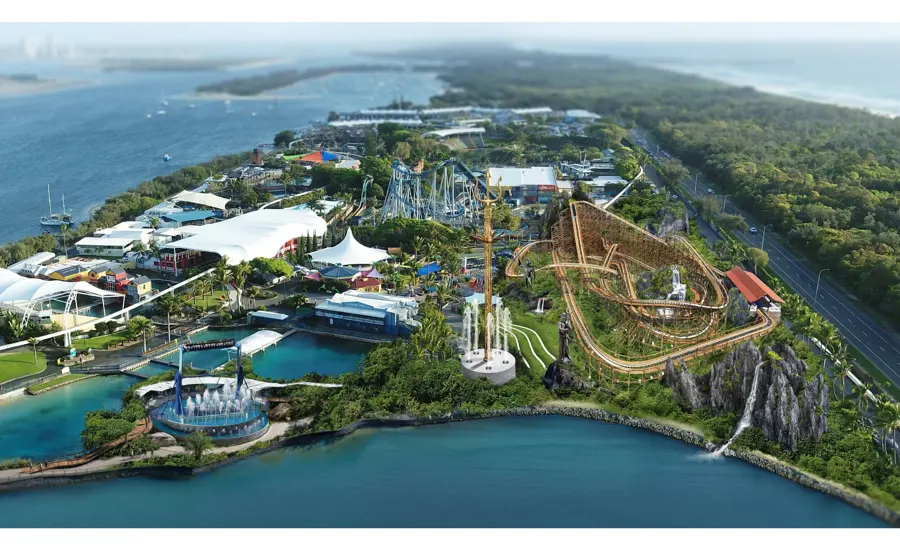 An aerial artist impression of a new theme park precinct