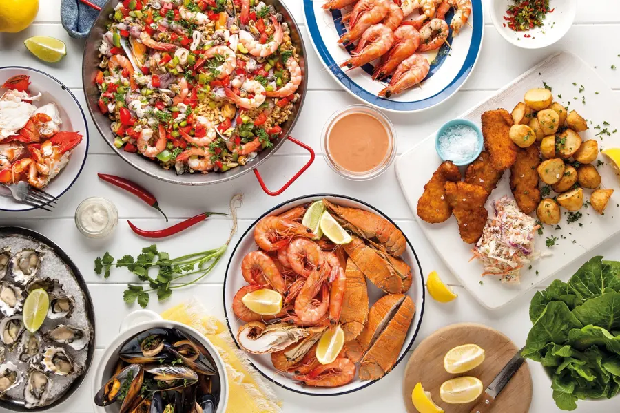 An overhead seafood buffet spread