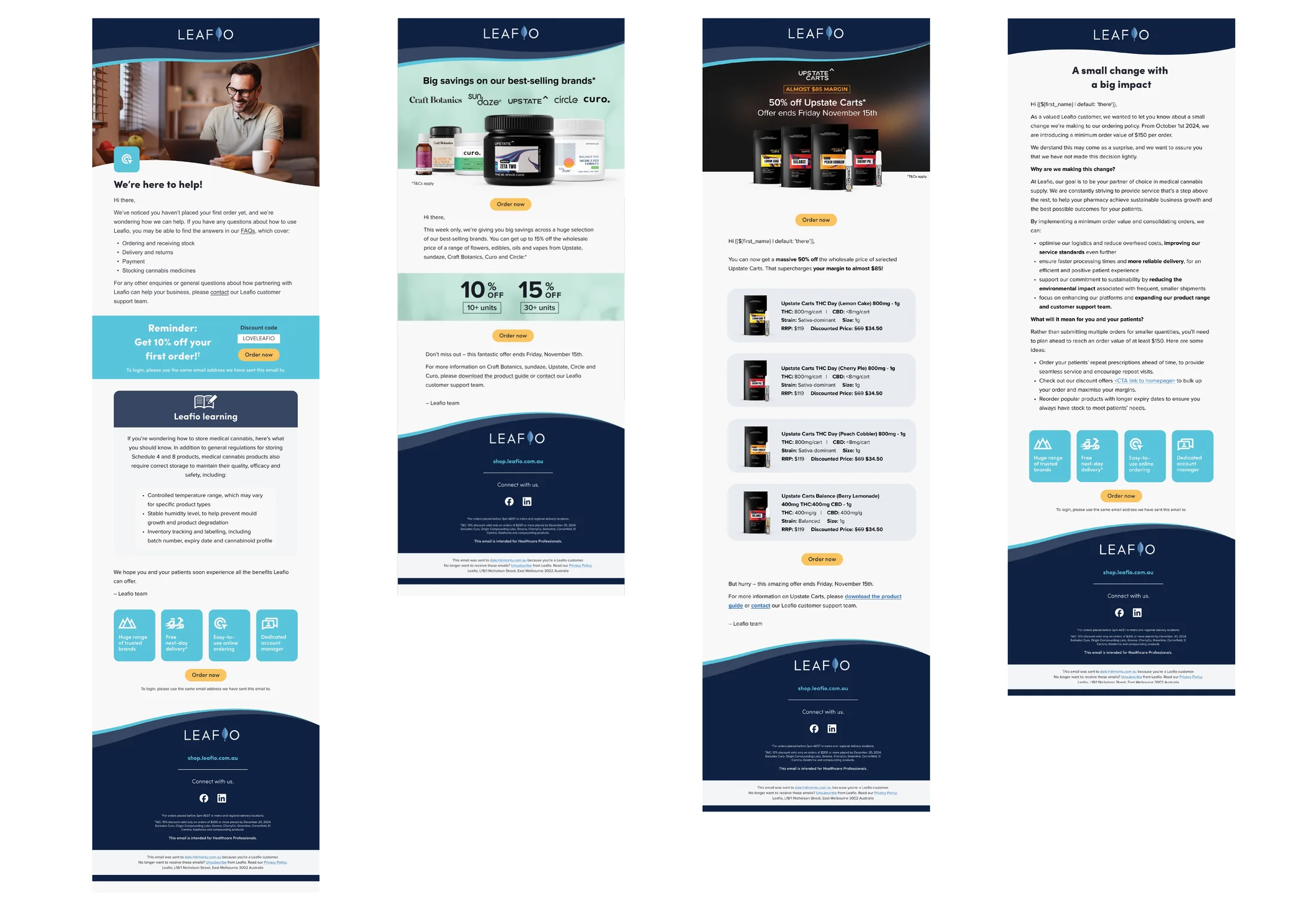 Four Leafio emails: a welcome and support email, a multi brand sale, a single product offer and an ordering policy update