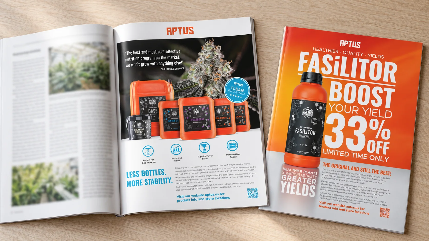 Two Aptus magazine ads: a full page for the Clean Program range with a grower quote, and an orange Fasilitor ad offering 33 percent off