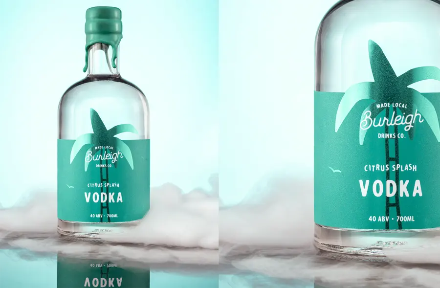 Burleigh Drinks Co vodka bottle on teal