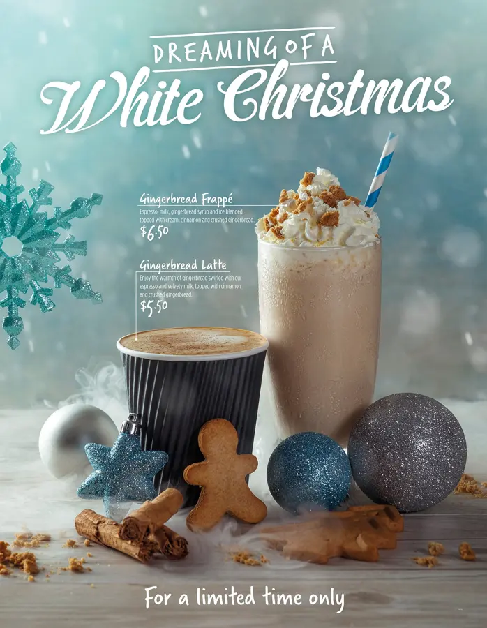 A White Christmas seasonal drink poster with baubles and gingerbread