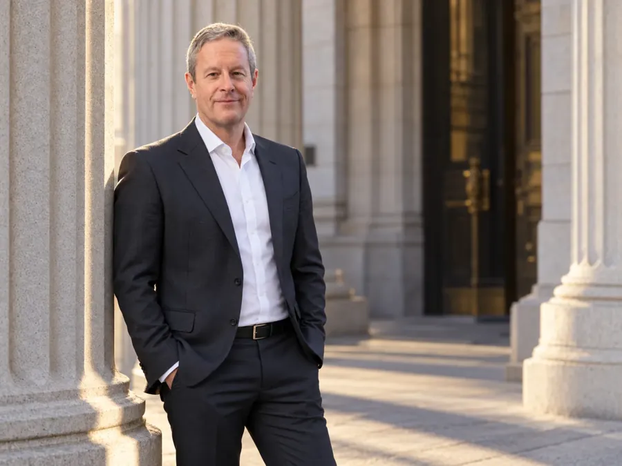 David Place standing beside stone columns