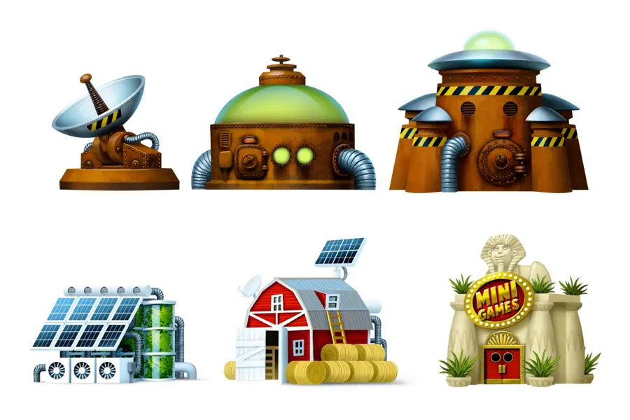 Six building designs including a barn, solar panels and a domed workshop