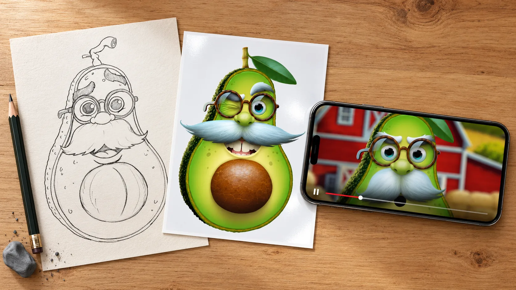 An avocado character with glasses and a moustache, shown as a pencil sketch, a finished 3D render and an animation on a phone