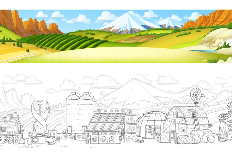 A farm landscape shown as a colour painting above its pencil line drawing