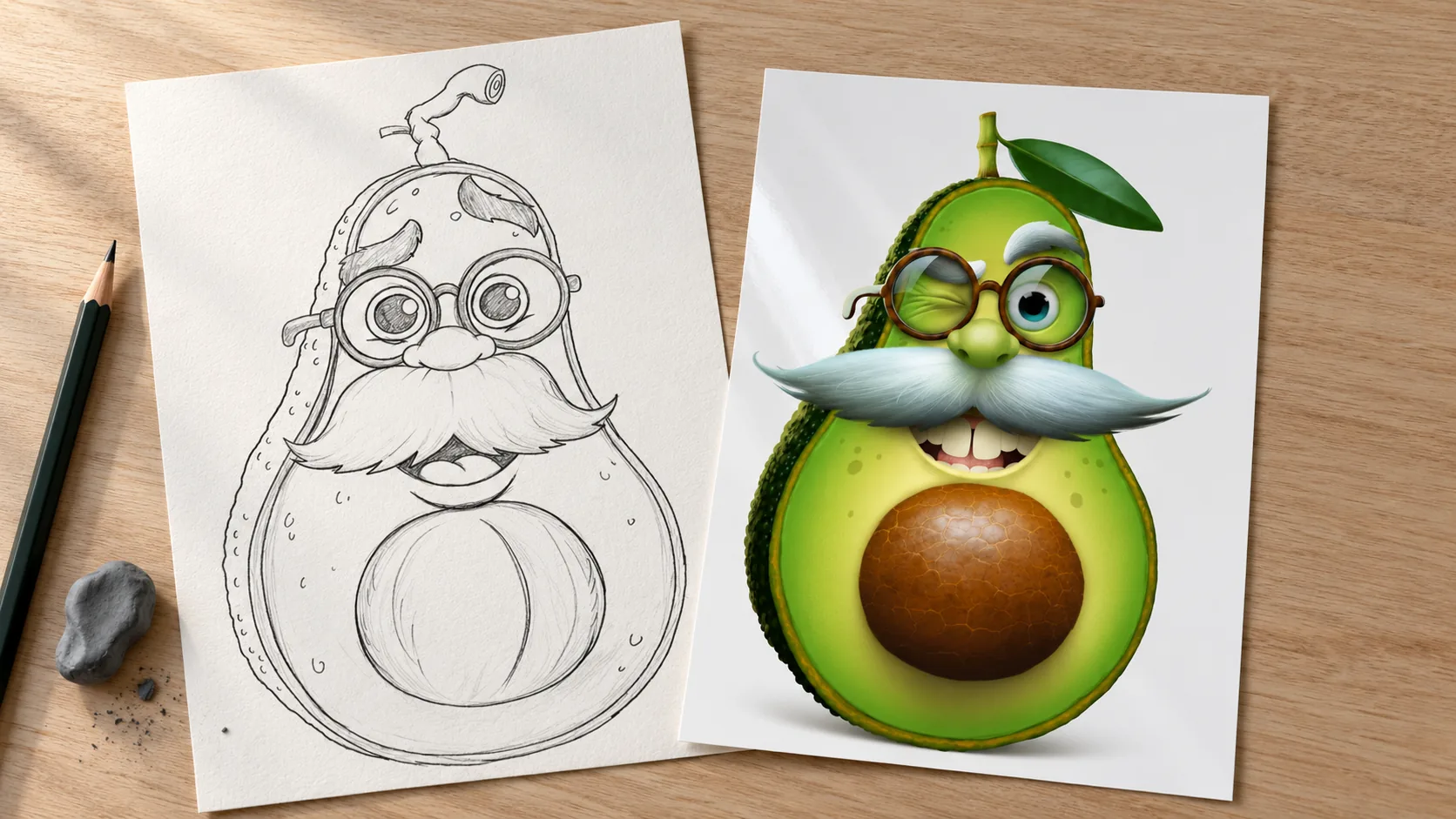 The avocado professor as a pencil sketch beside the finished 3D render, winking, with round glasses and a white moustache