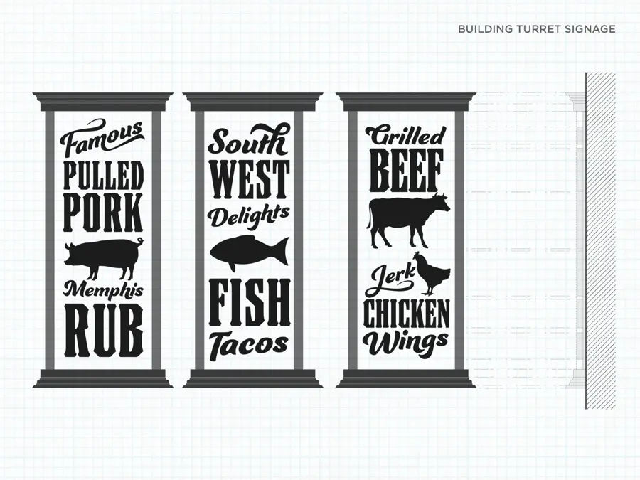 Technical drawing of three tall building signs reading Pulled pork, Fish tacos and Grilled beef