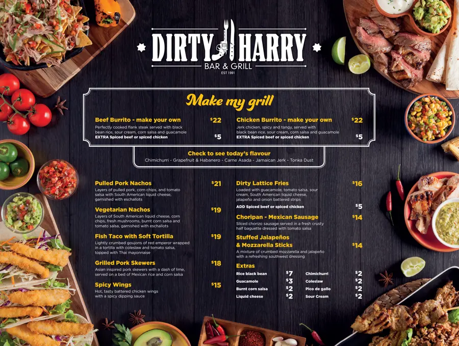 The Dirty Harry Bar and Grill menu, white and yellow type on black surrounded by plates of food