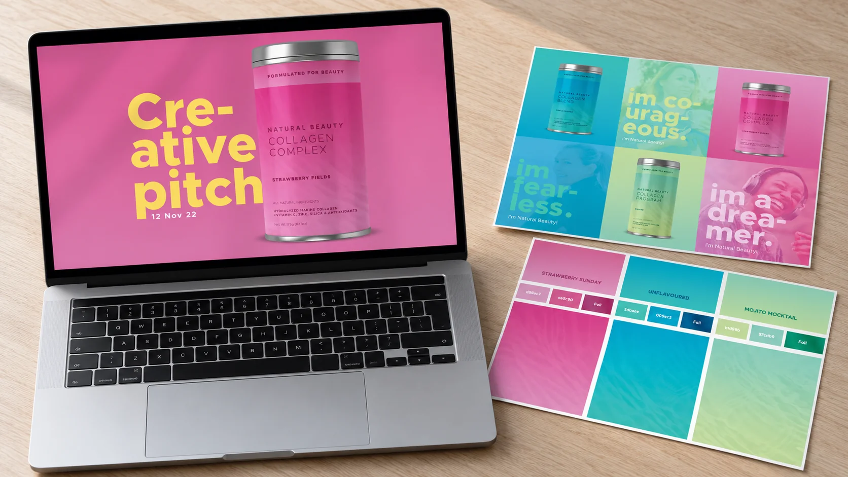 The Natural Beauty creative pitch on a laptop beside printed boards of flavour colour palettes and campaign lines such as im fearless and im a dreamer