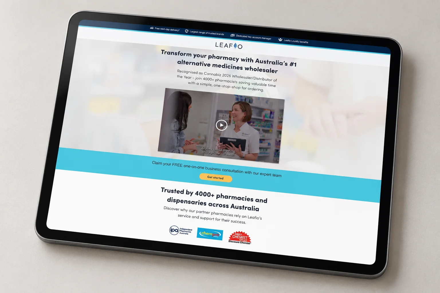 Leafio lead generation microsite on a tablet: hero headline, pharmacist video and a free consultation offer