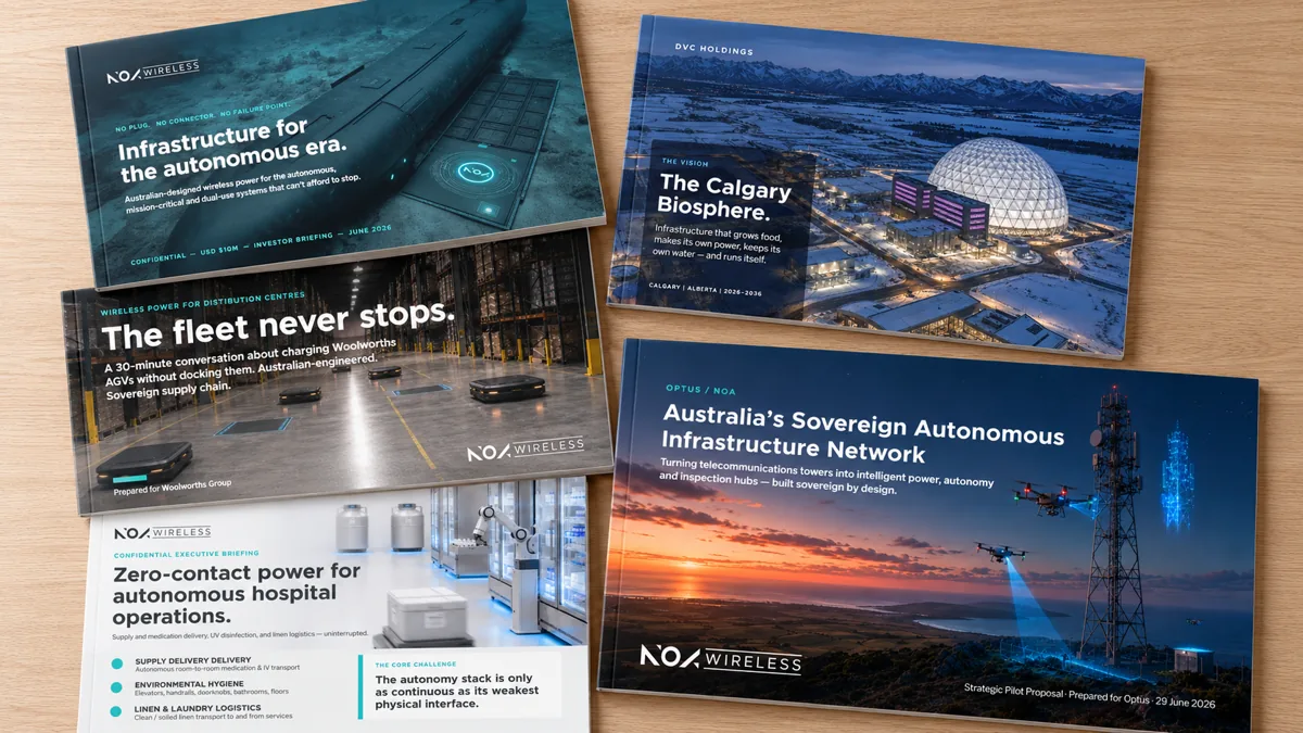 Five printed pitch decks and proposals for wireless power and autonomous infrastructure, laid out on a desk