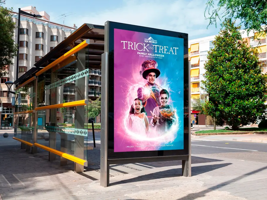 The same Halloween key art on a bus shelter
