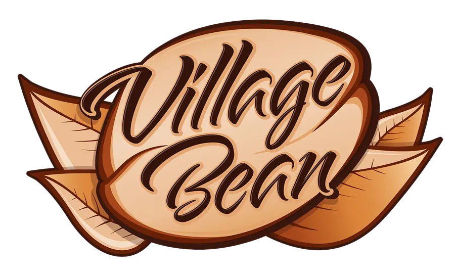 The Village Bean coffee logo in brown script on a leaf