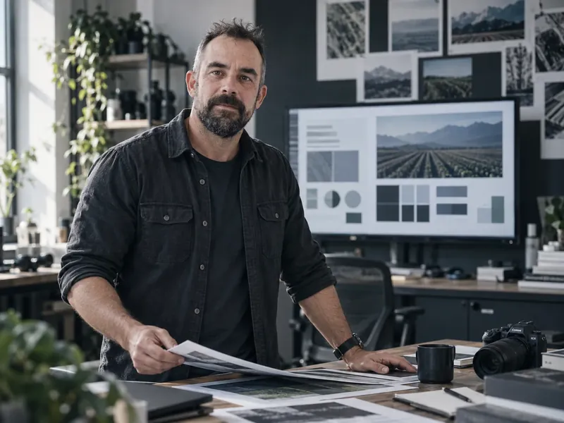 Dave Paull standing at his studio desk with prints, a camera and a screen of work behind him