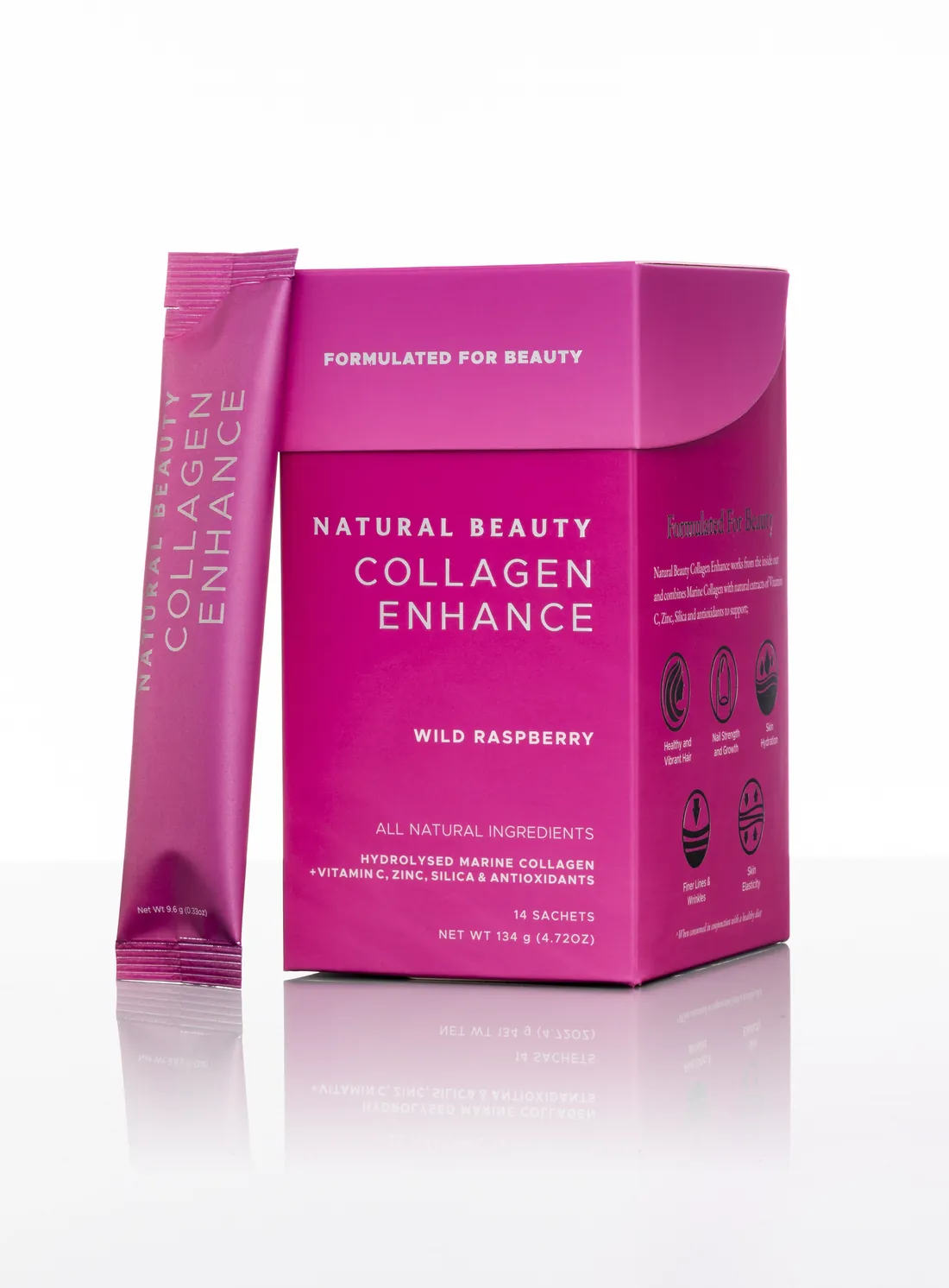 Natural Beauty Collagen Enhance sachet box in raspberry pink with a single sachet leaning against it