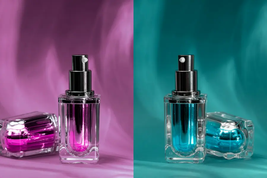 Perfume and cream jars on magenta and teal