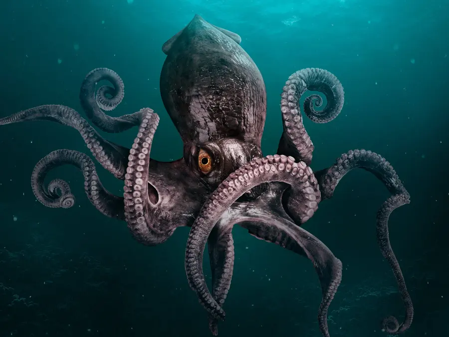 A kraken composite on a teal sea