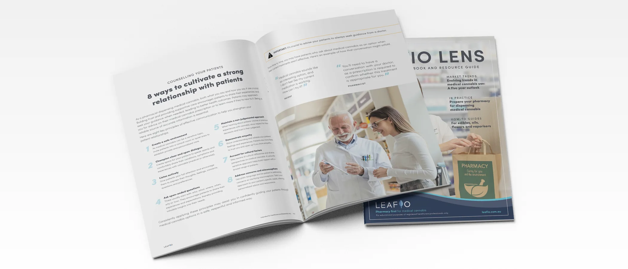 The Leafio pharmacy magazine: an open spread on counselling patients beside the cover of the handbook and resource guide