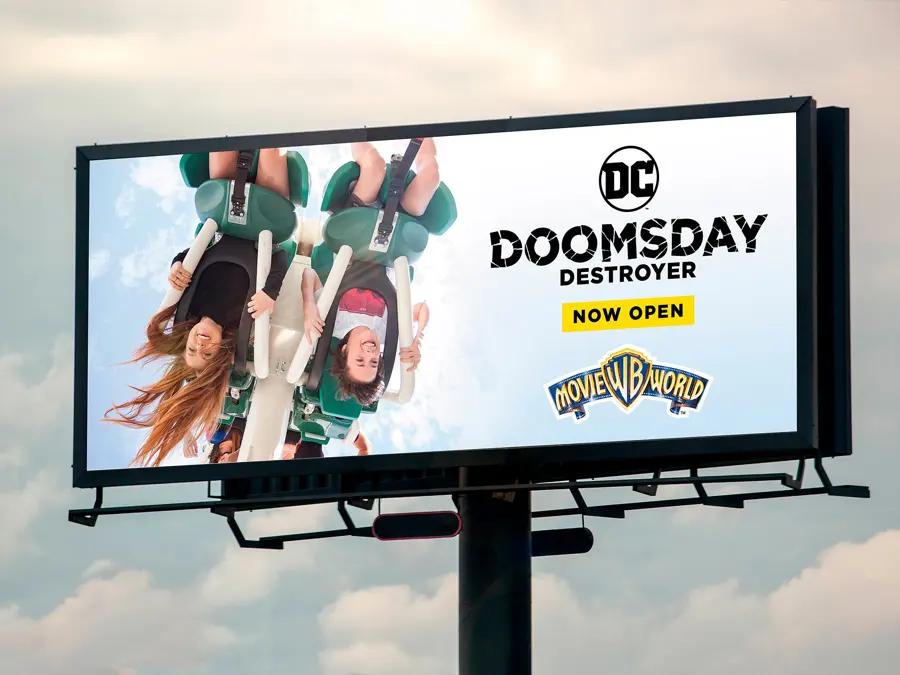 A billboard showing riders mid air on Doomsday Destroyer
