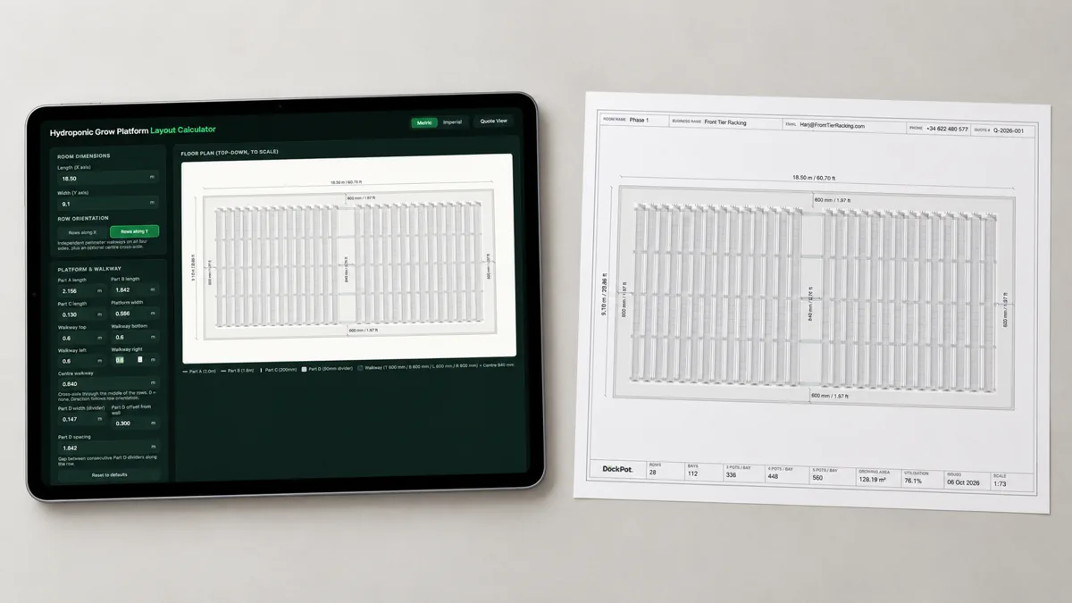 A hydroponic grow platform layout calculator on a tablet beside a printed DockPot floor plan quote