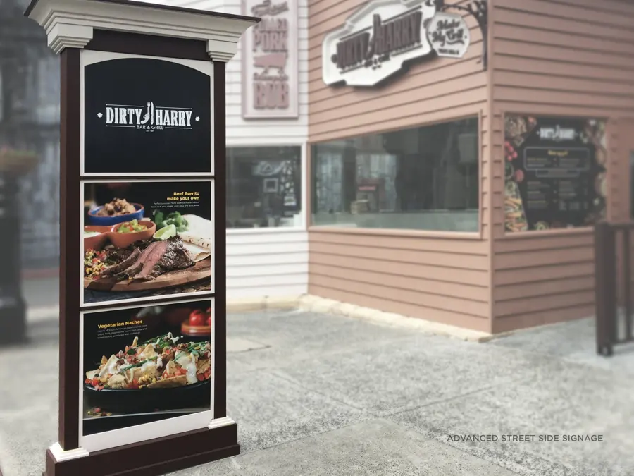 A street side menu stand for Dirty Harry outside the venue