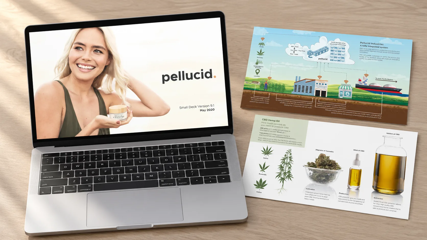 The Pellucid investor deck on a laptop beside printed slides on the integrated supply system and hemp oil production