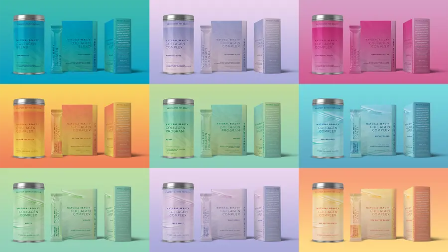 Nine collagen tins in different colours arranged in a bright grid