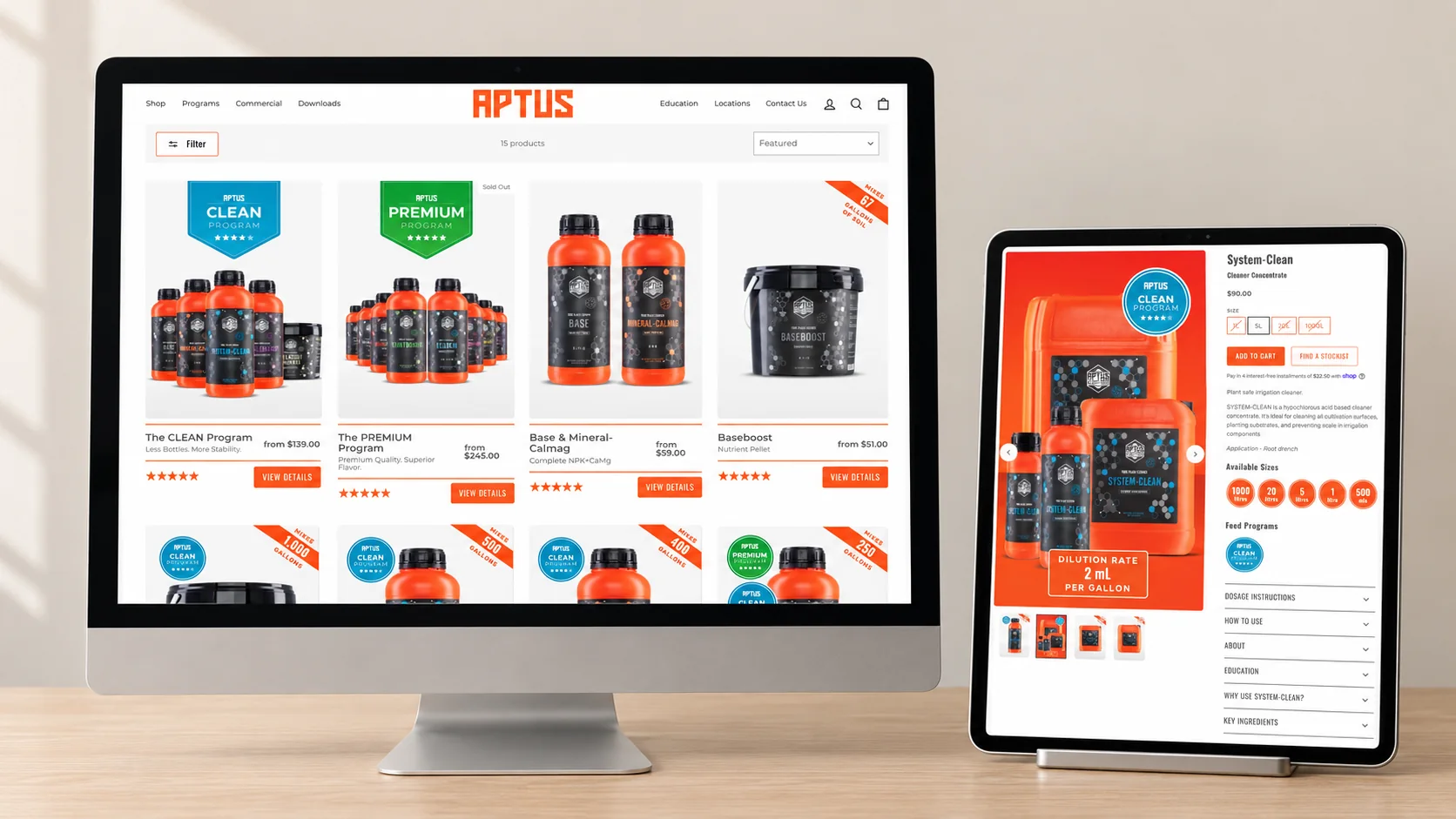 The Aptus online store on a desktop and a tablet: the product range grid and a System-Clean product page